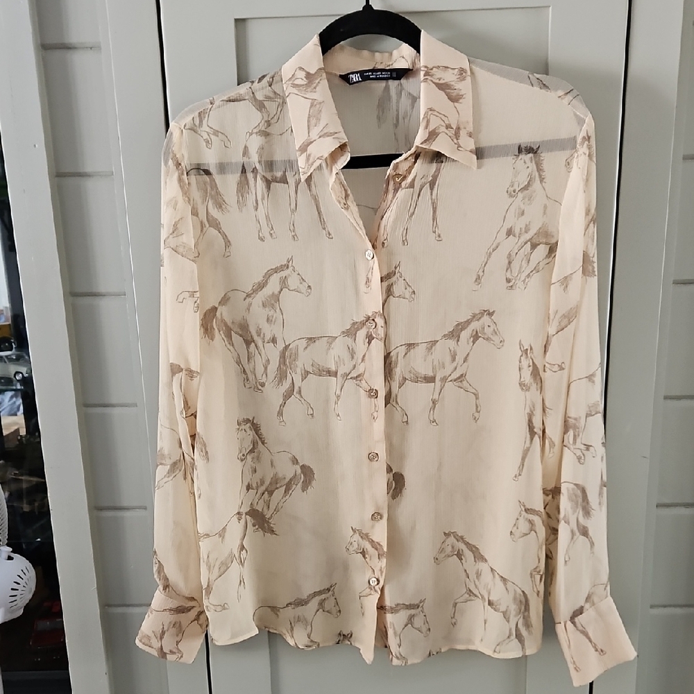Zara Beige Sheer Horsey Button-Up Shirt In Tan/brown Sz Zs Ptp 21